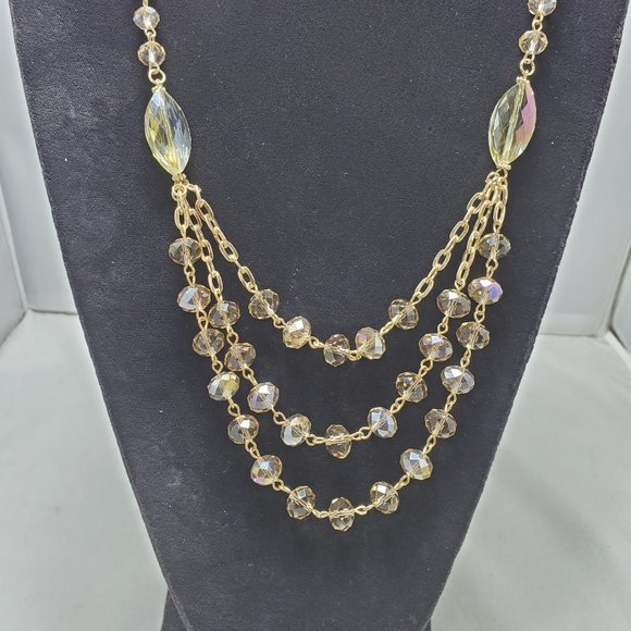 gold link chain topaz beaded 3 row layered necklace - Picture 2 of 7